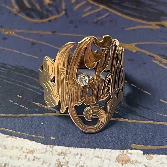 Estate 10k Gold and Diamond Large Personalized MICHELLE Name Ring D2 - Picture 3 of 9